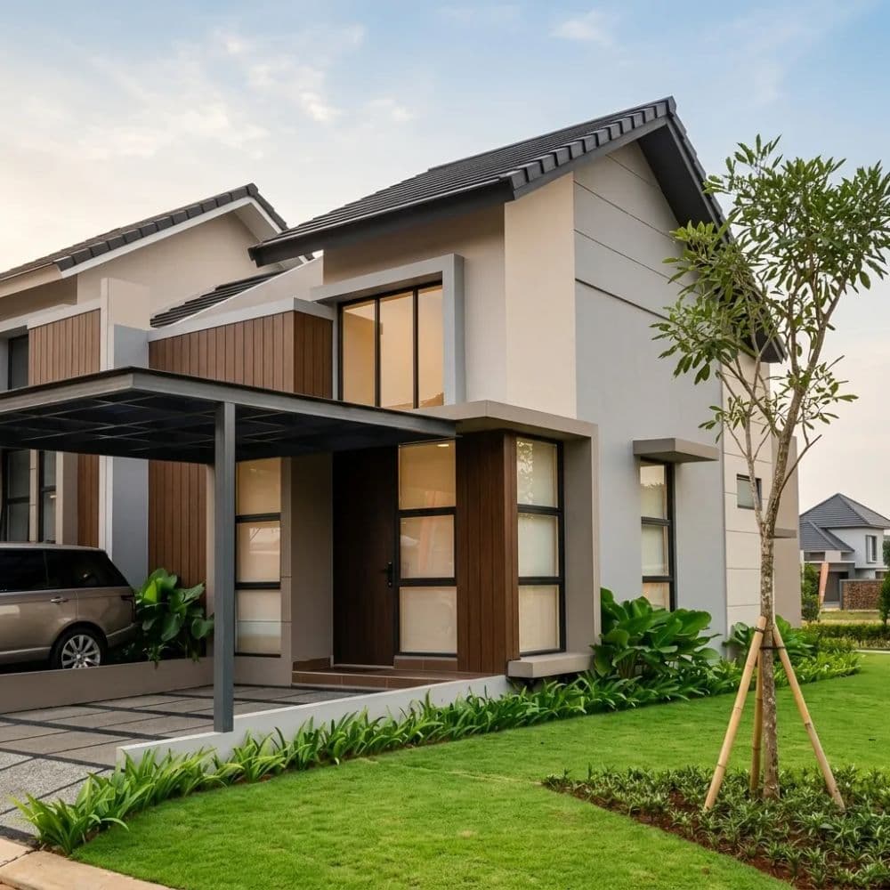 Tampilan Depan Fasad Rumah Modern Tipe Malta di Grand Duta City Parung